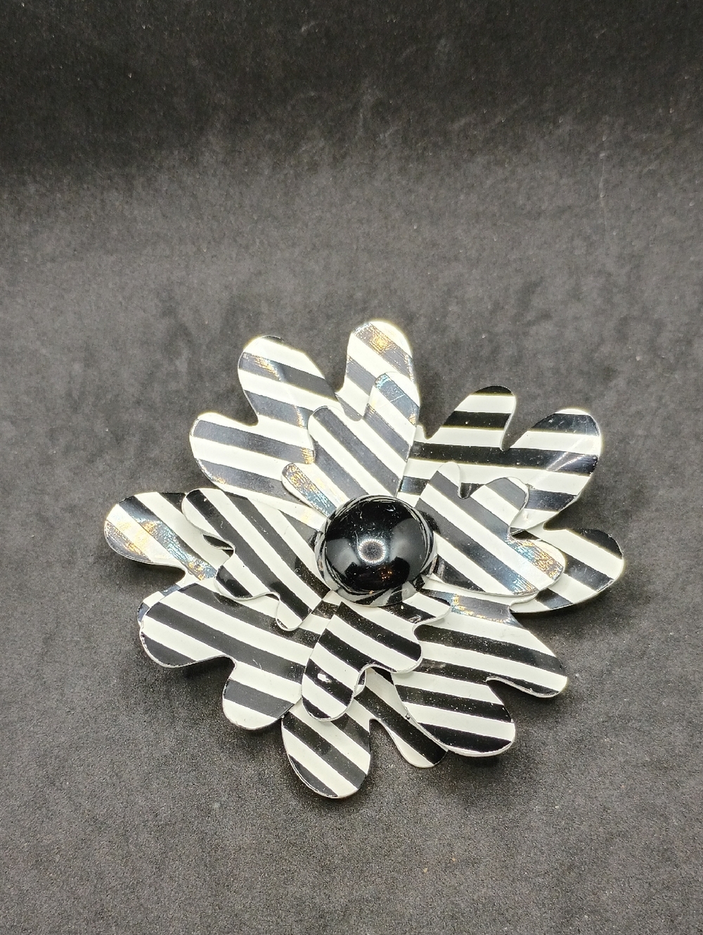 Black & White Striped Flower Brooch